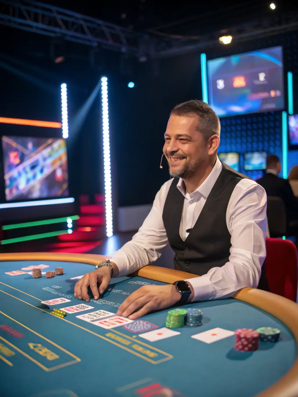 A professional and inviting image of a live dealer at a casino table on H2777, creating a sense of realism and excitement.